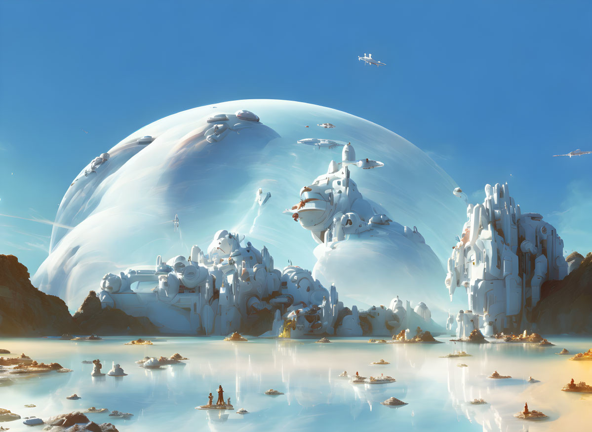 Futuristic city within a dome reflecting on water in serene landscape