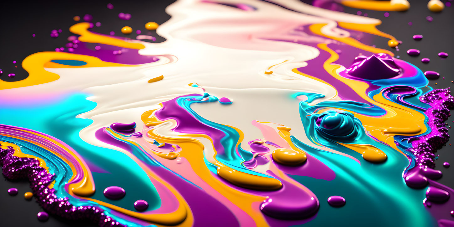 Colorful Liquid Splashes and Swirls in Purple, Blue, Pink, Orange, and White