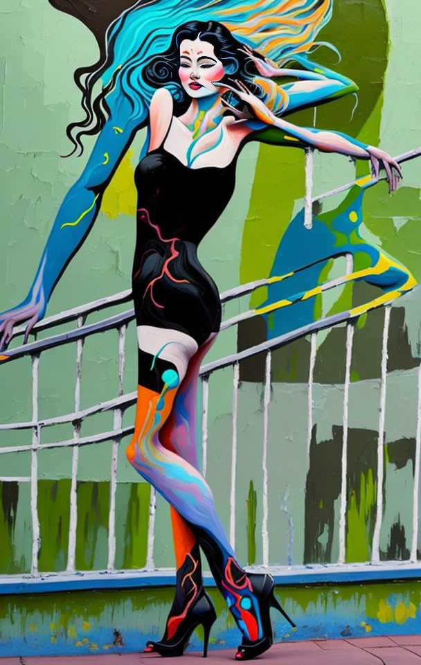 Colorful urban mural: woman with blue hair and abstract patterns on black dress, limbs, against green