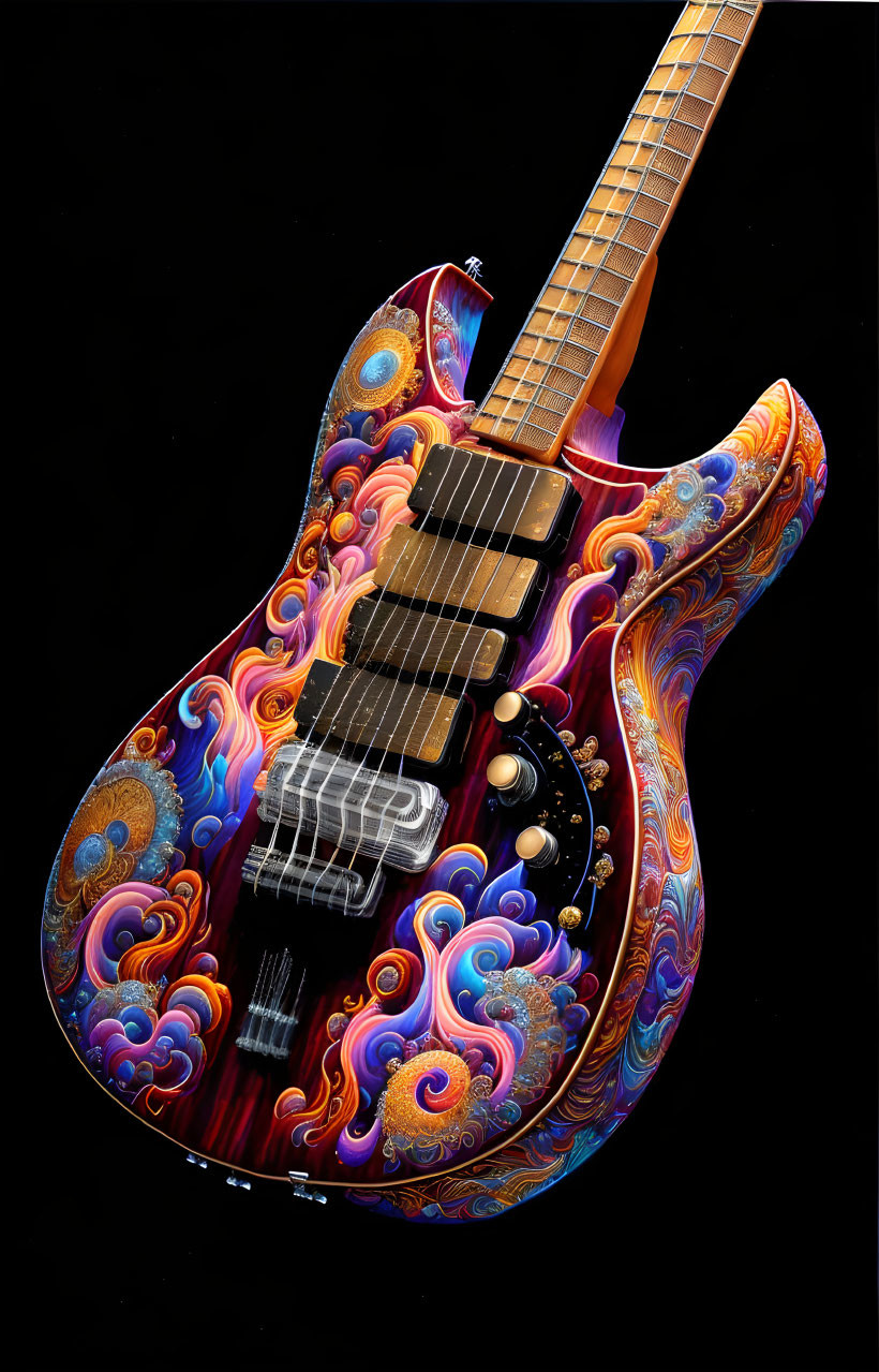 Vibrant psychedelic patterns on electric guitar body with strings and controls