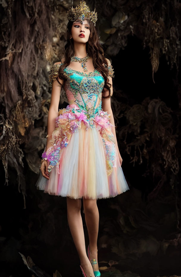 Colorful Woman in Ornate Dress and Crown Against Dark Textured Backdrop