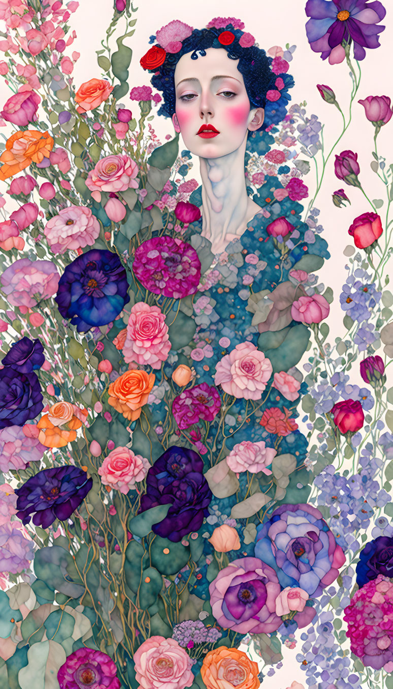 Pale-skinned woman with dark hair surrounded by vibrant flowers.