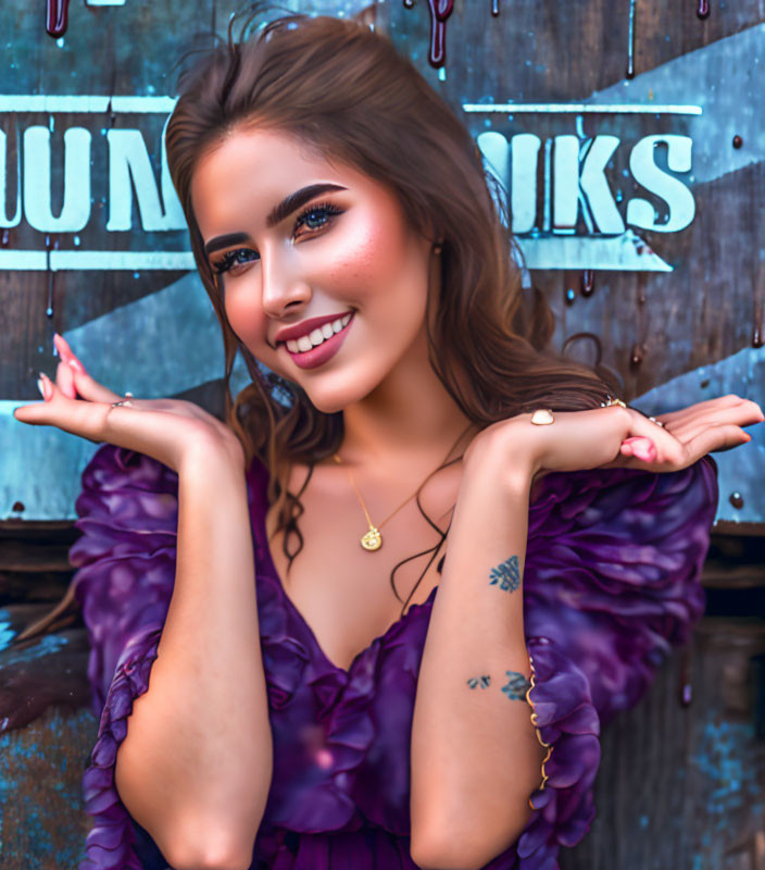 Smiling woman in purple dress with arm tattoo against rustic blue wall with "DRINKS" sign