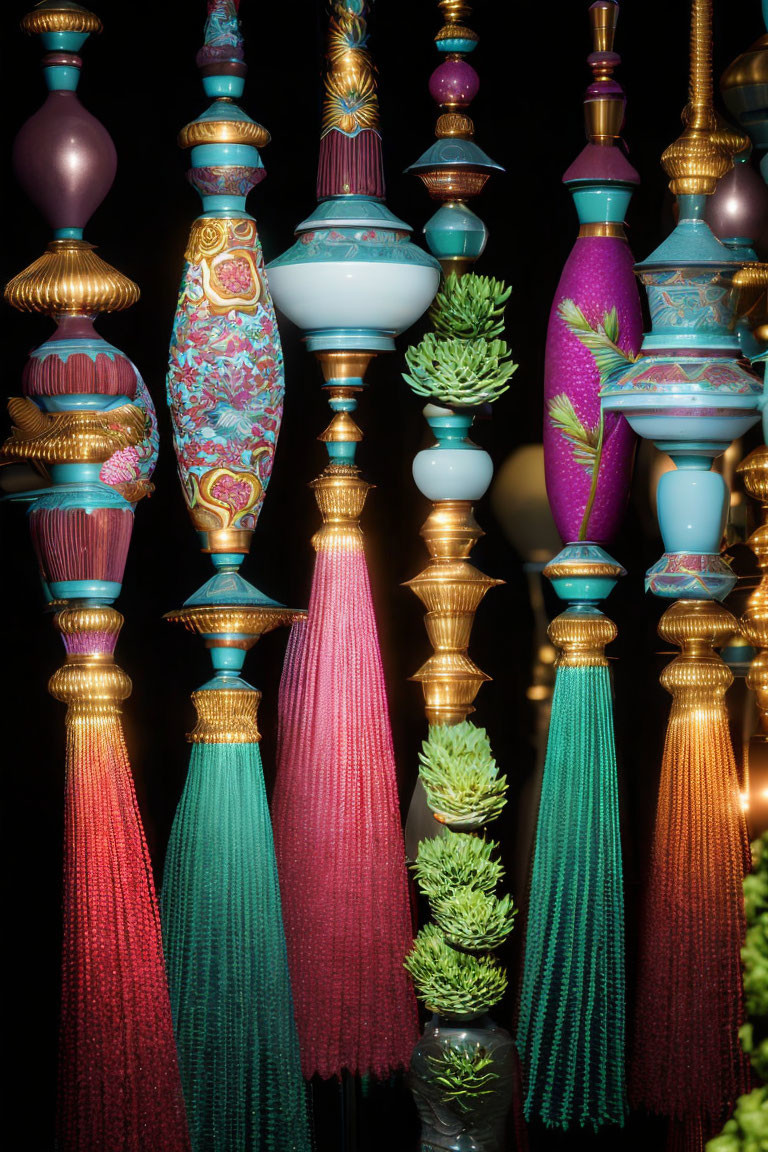 Colorful Tassels and Decorated Ceramic Vases Displayed on Dark Background