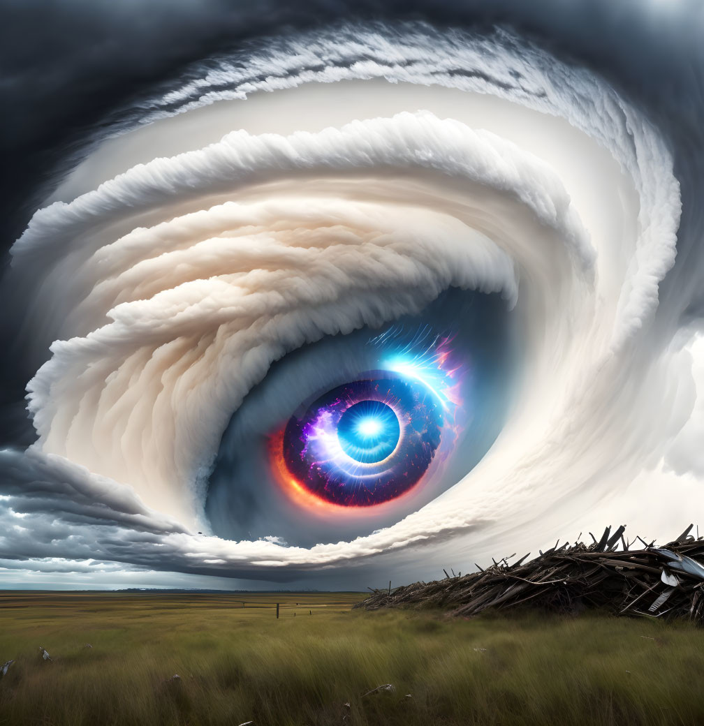 Surreal artwork: Eye-shaped storm with vortex above desolate landscape