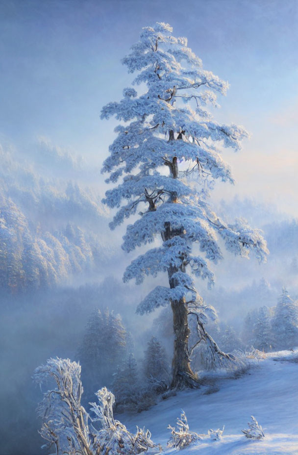 Snow-covered pine tree in serene frosty landscape