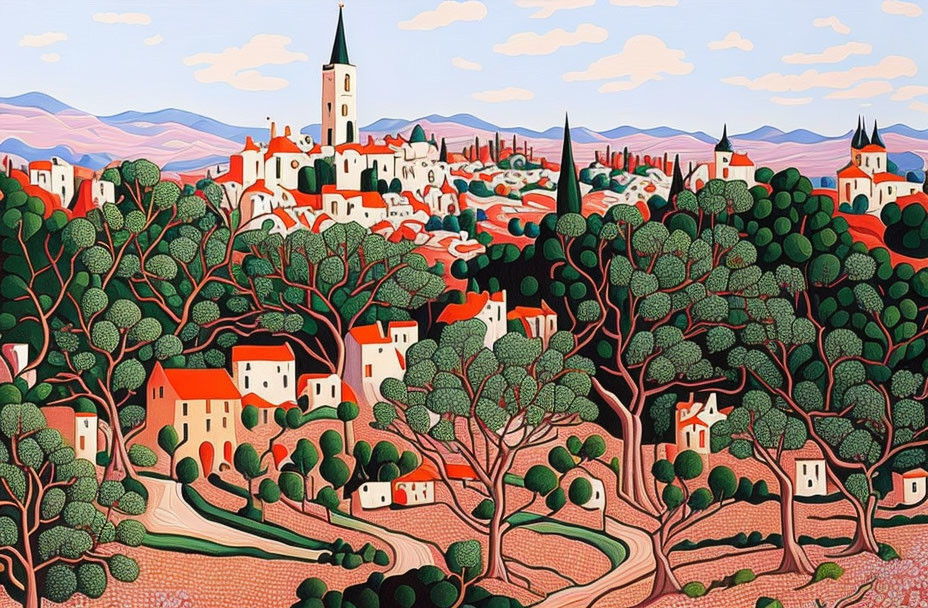 Quaint town landscape painting with church spire and rolling hills