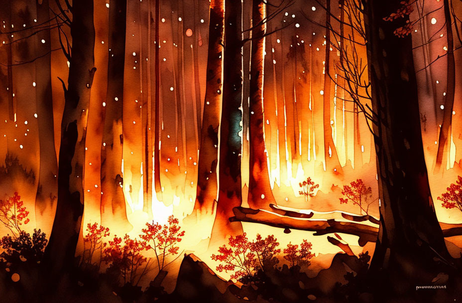 Vibrant Watercolor Painting of Forest Ablaze