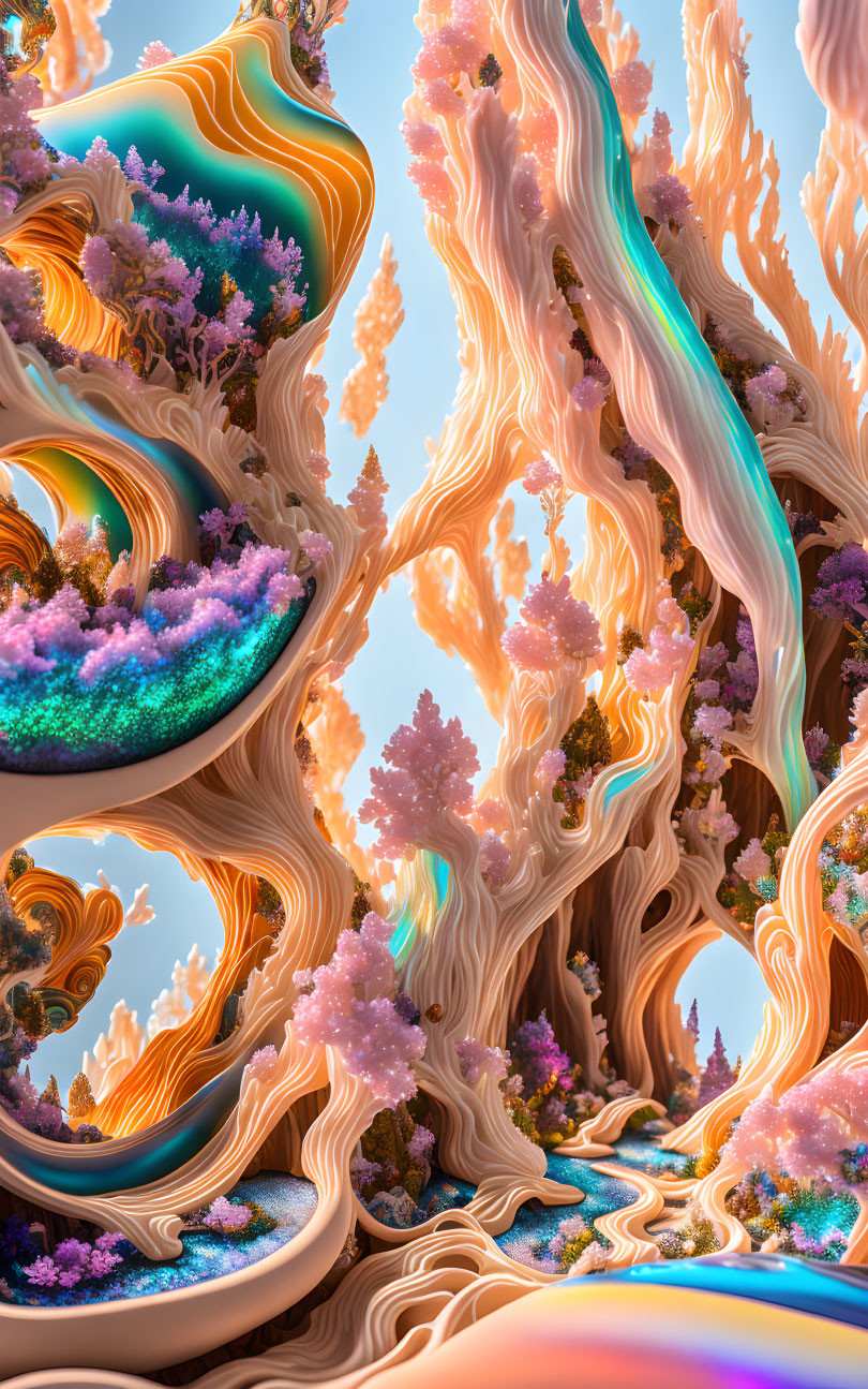 Abstract surreal landscape with organic shapes and coral-like textures in pastel hues.