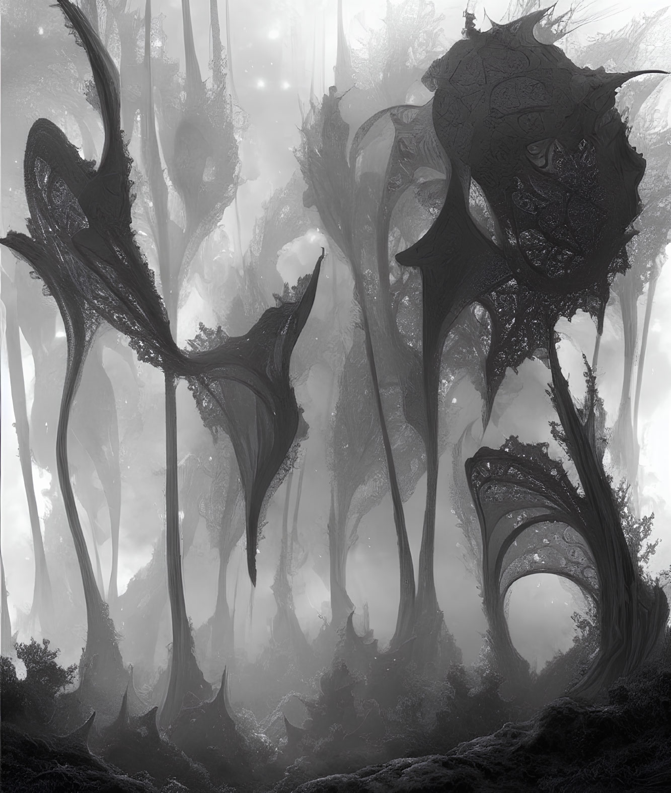 Mysterious Monochrome Forest with Alien-Like Trees