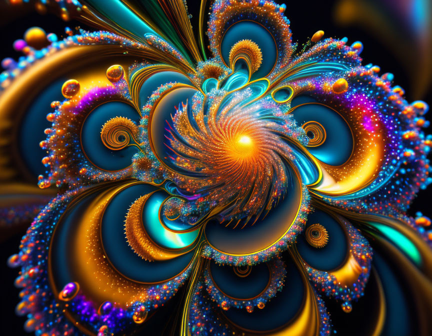 Colorful Digital Fractal Art: Swirling Patterns in Blue, Orange, and Gold