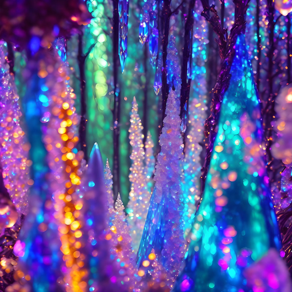 Vibrant blue, purple, and orange crystal structures with bokeh effect