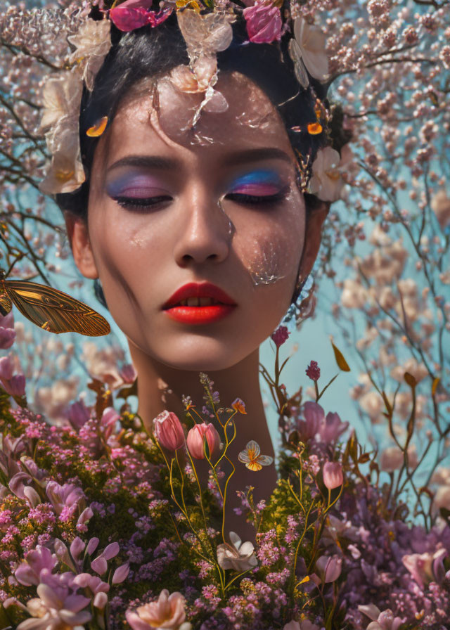 Woman with flowers, butterfly, and pink florals background.