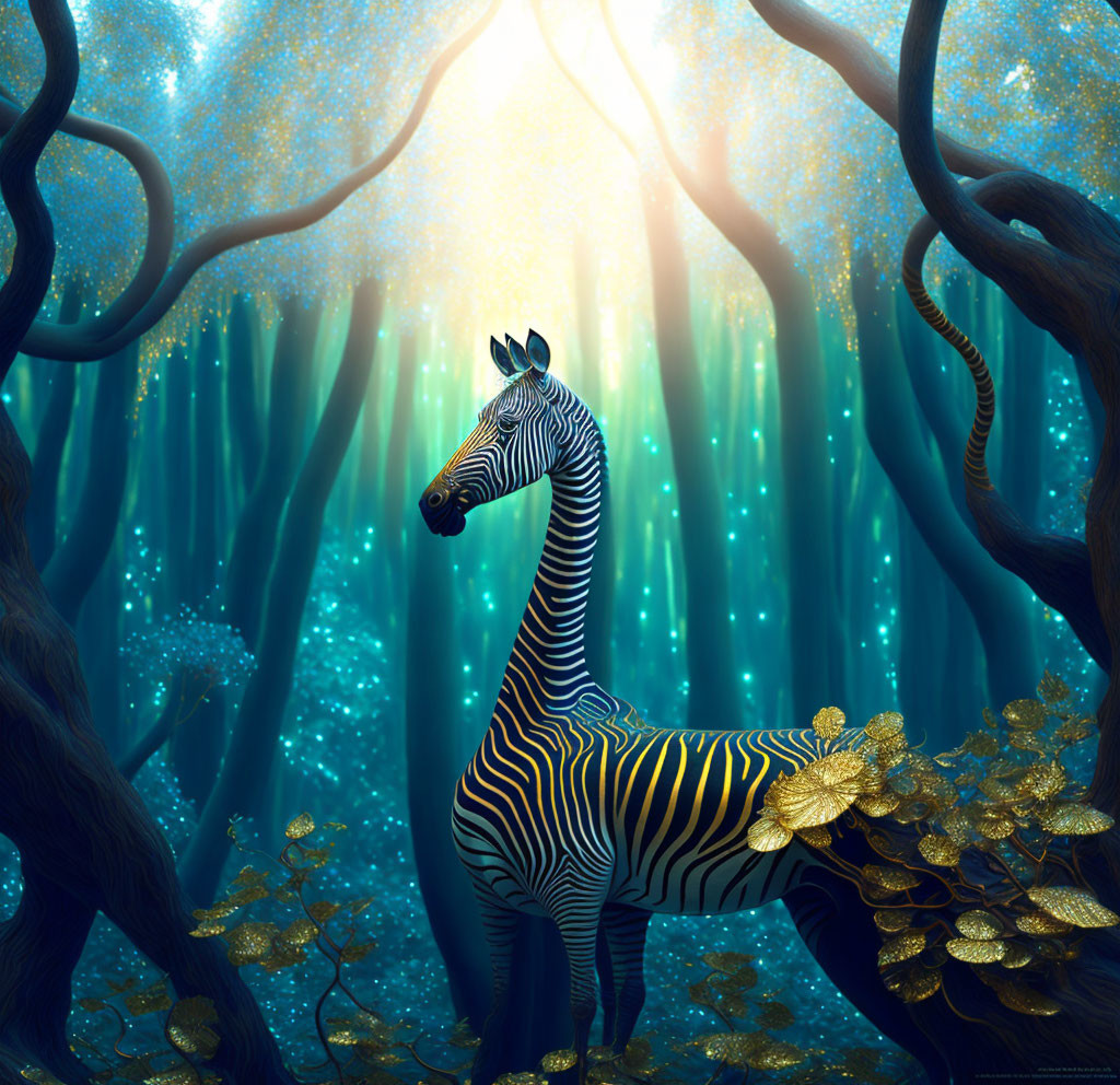 Zebra in mystical forest with golden plants and dark trees