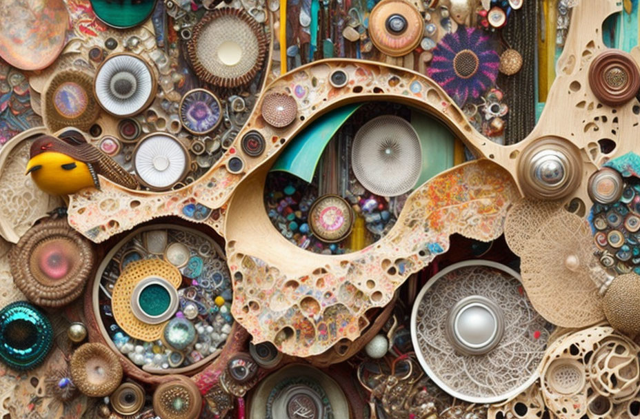 Intricate Collage of Mechanical Gears, Floral Patterns, and Bird