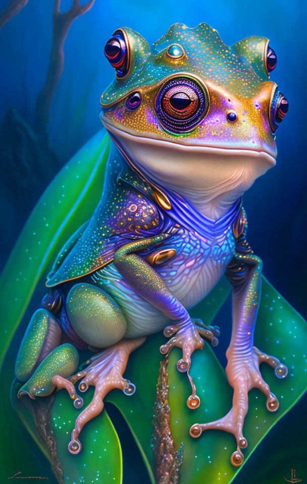 Colorful fantastical frog with multiple eyes on branch against blue background