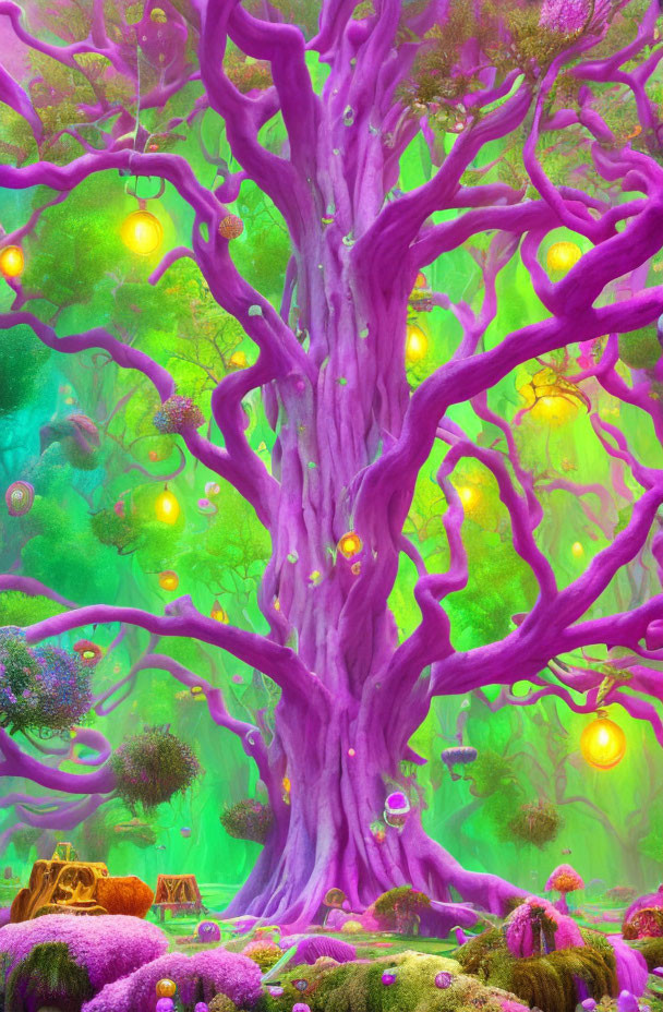 Colorful fantasy landscape with large purple tree and glowing orbs