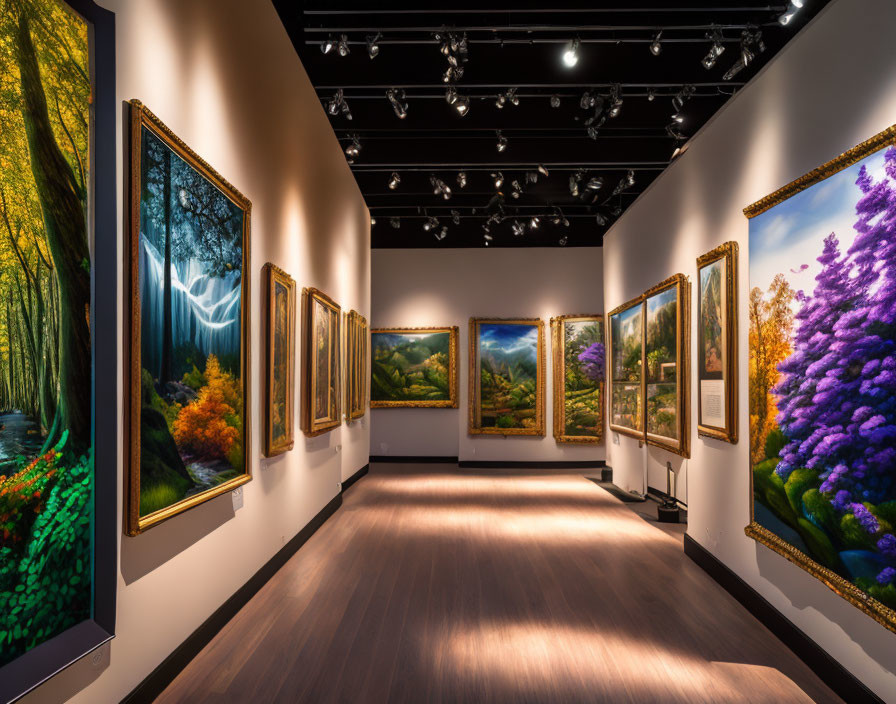 Interior of Art Gallery with Vibrant Landscape Paintings