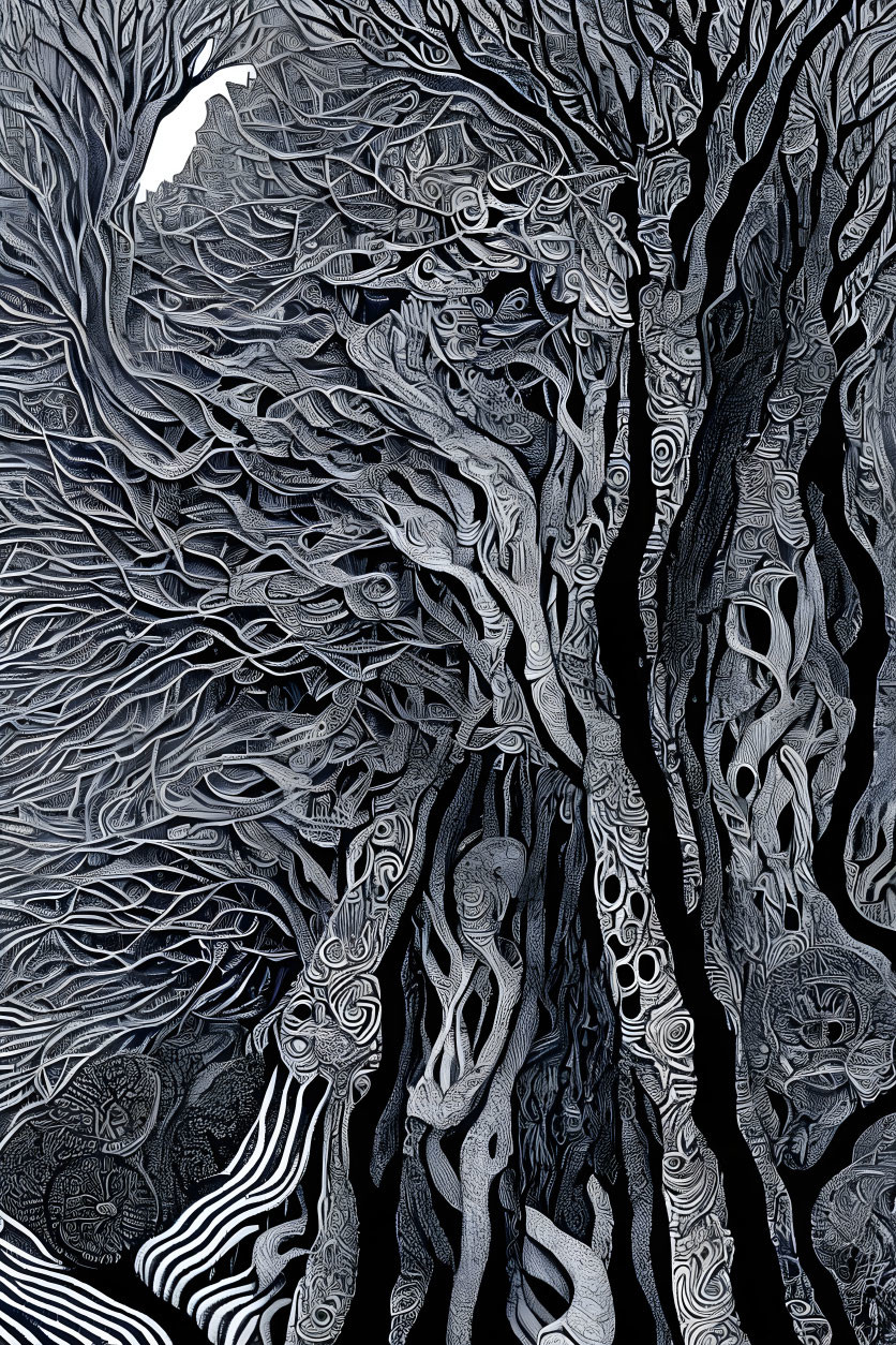 Detailed Black and White Abstract Artwork with Swirling Tree Root Patterns