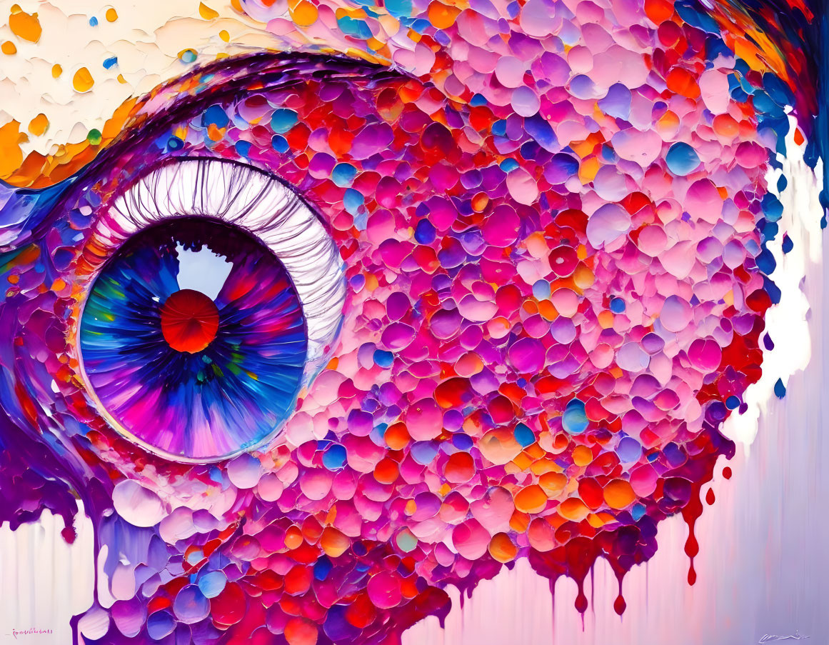 Colorful abstract eye illustration with circular patterns and splash effect