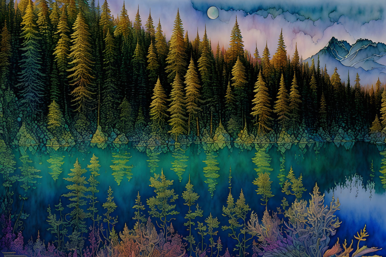 Detailed forest artwork: Evergreen trees, lake reflection, twilight sky, full moon, mountains