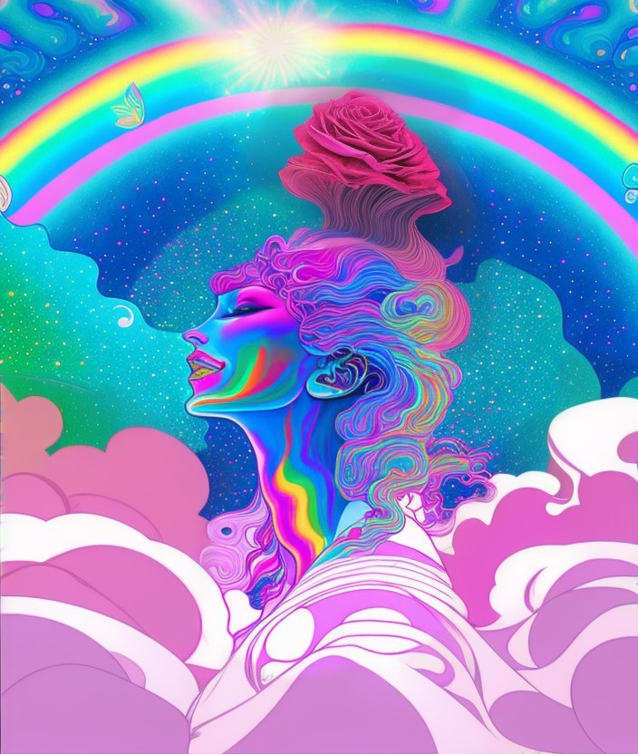 Colorful woman's profile with rose, rainbow, and clouds.