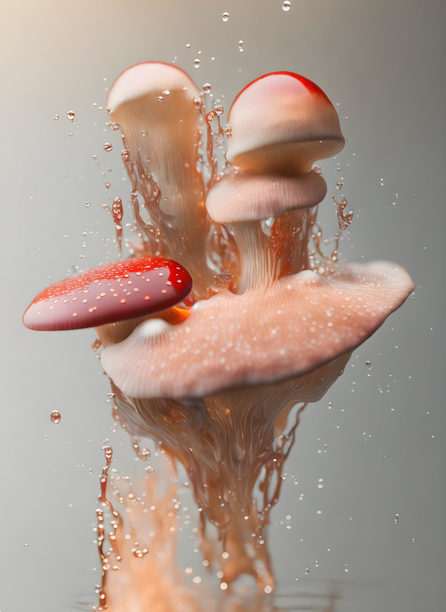 Red and white water-themed mushroom sculpture art