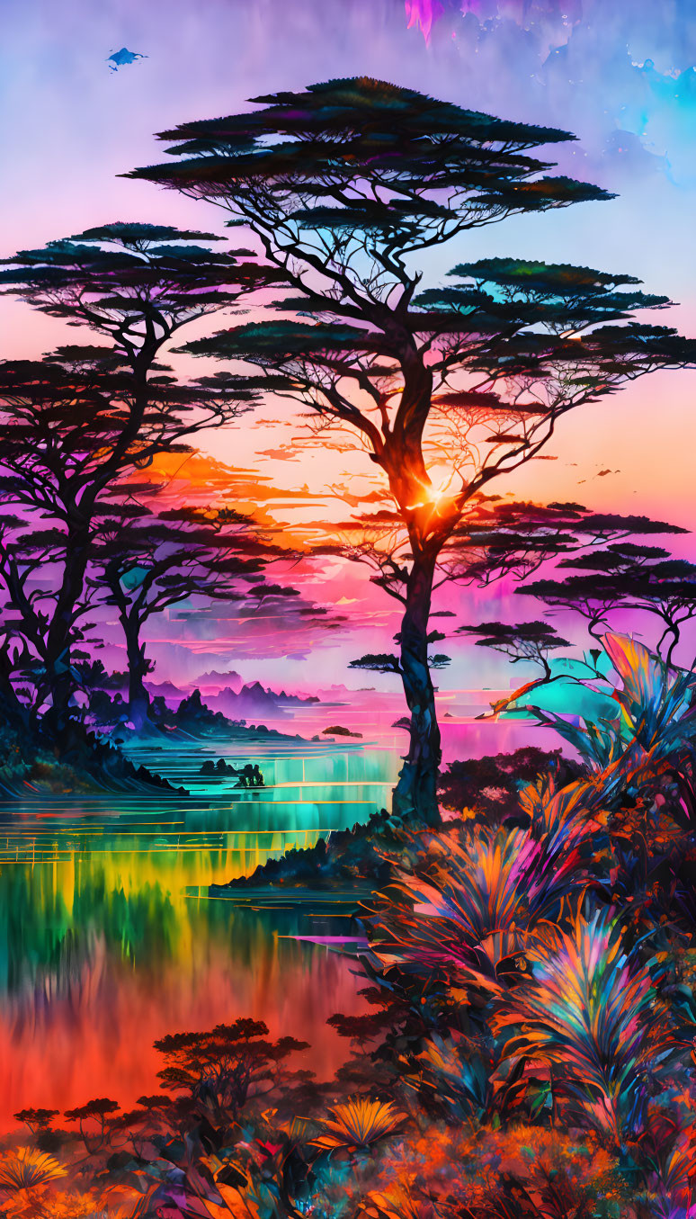 Colorful sunset landscape with silhouetted trees, tranquil water, and lush foliage.