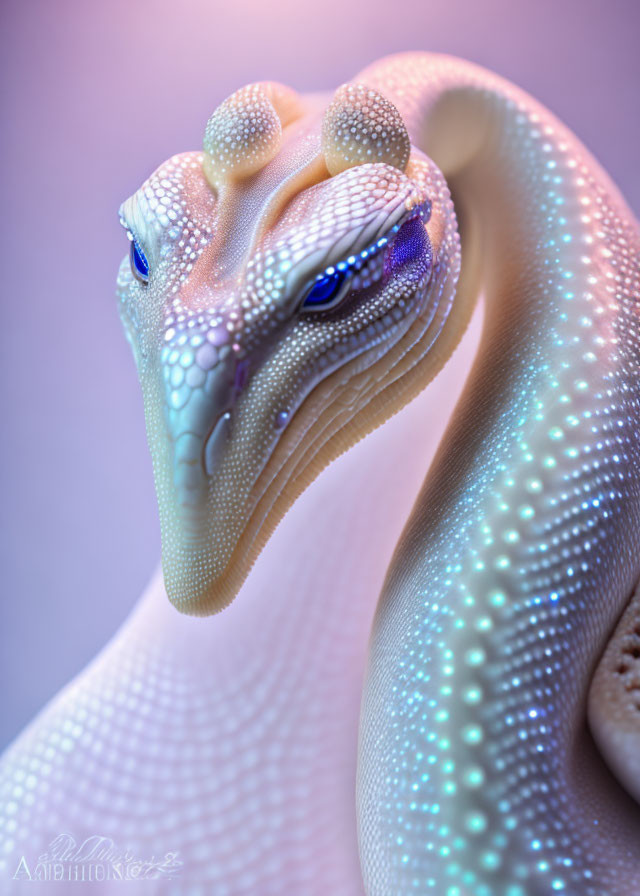 Fantastical white serpent digital artwork with glowing blue eyes