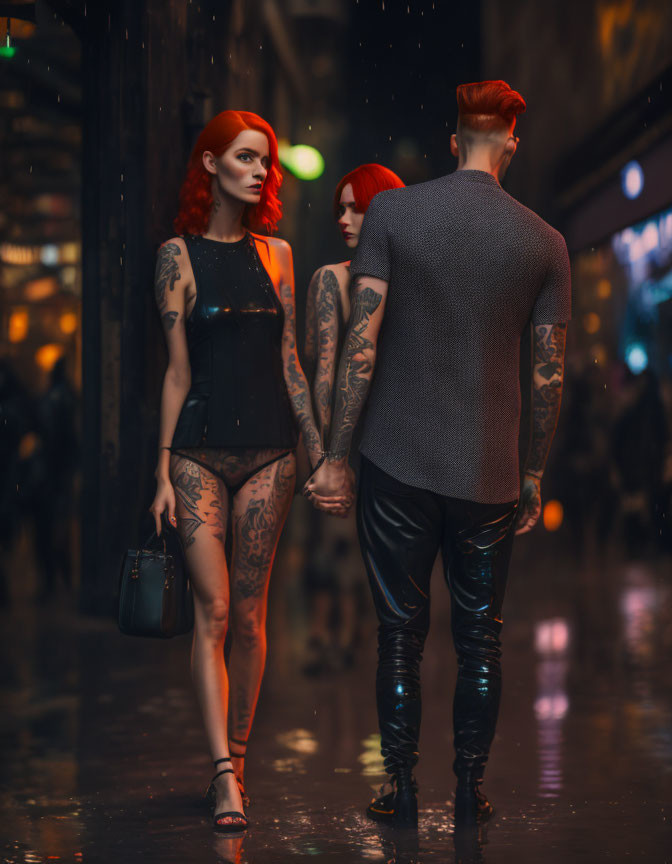 Stylish couple with elaborate tattoos walking at night on wet city street