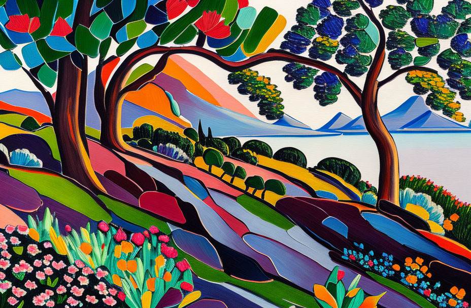 Colorful landscape painting with patterned trees, rolling hills, serene lake.