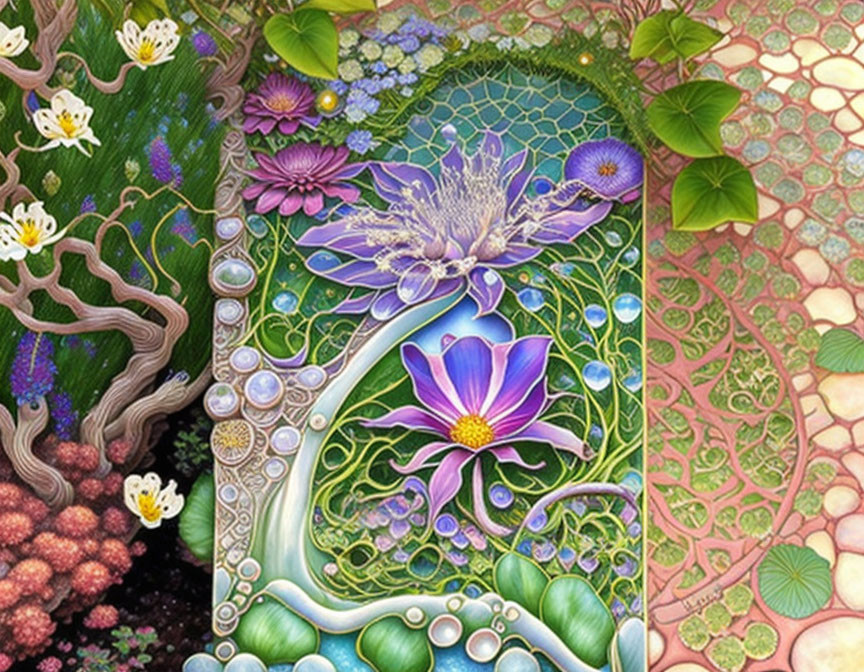 Detailed vibrant image of fantastical flowers and plants with lush colors and intricate patterns