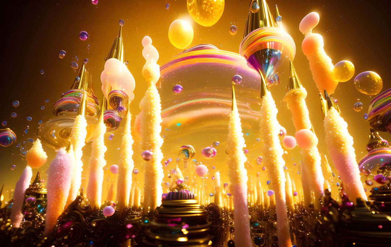 Fantastical landscape with glowing towers and iridescent bubbles