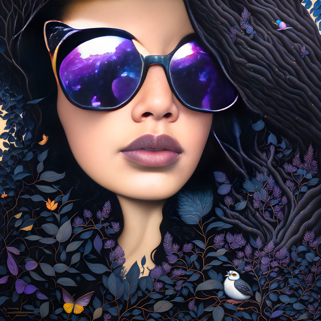 Surreal portrait of a woman with galaxy sunglasses and floral patterns