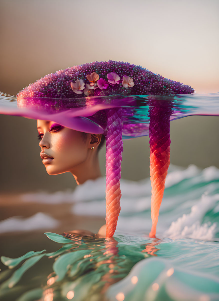 Woman's Face Emerges from Water with Purple Jellyfish Hat