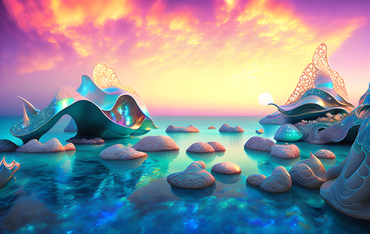 Iridescent shell-like structures in surreal sunset landscape