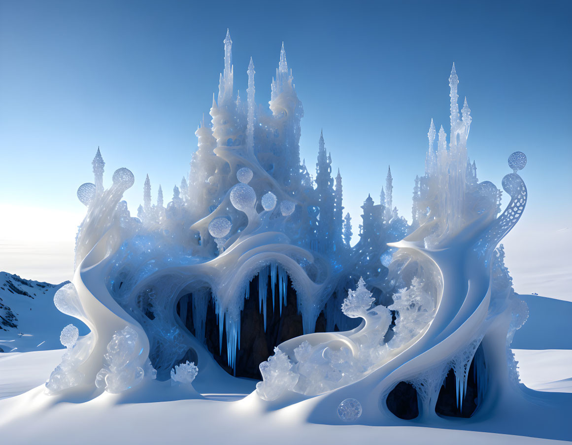 Fantastical ice palace with intricate spires and arches amid snowy mountains