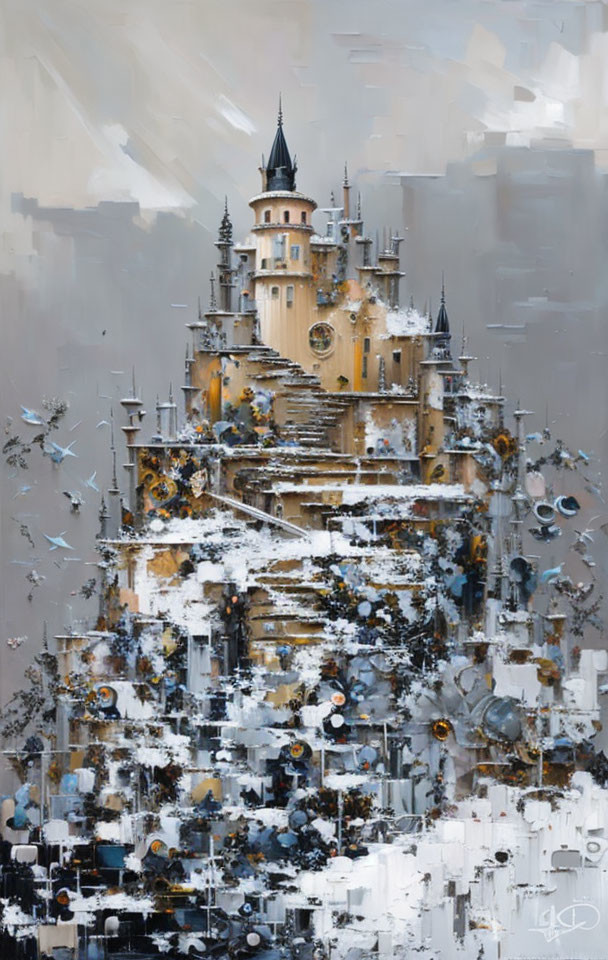 Abstract castle painting with earth tones and white blend