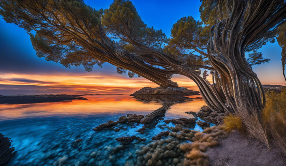 Tranquil sea sunset with twisted trees and rocky island horizon