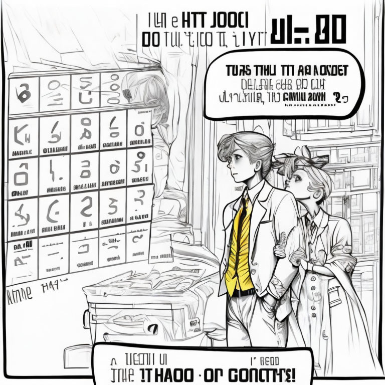 Monochrome comic-style illustration of two students examining papers