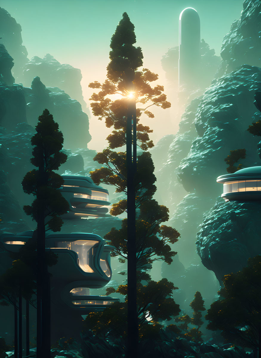 Futuristic landscape with towering rocks, lush trees, and circular structures