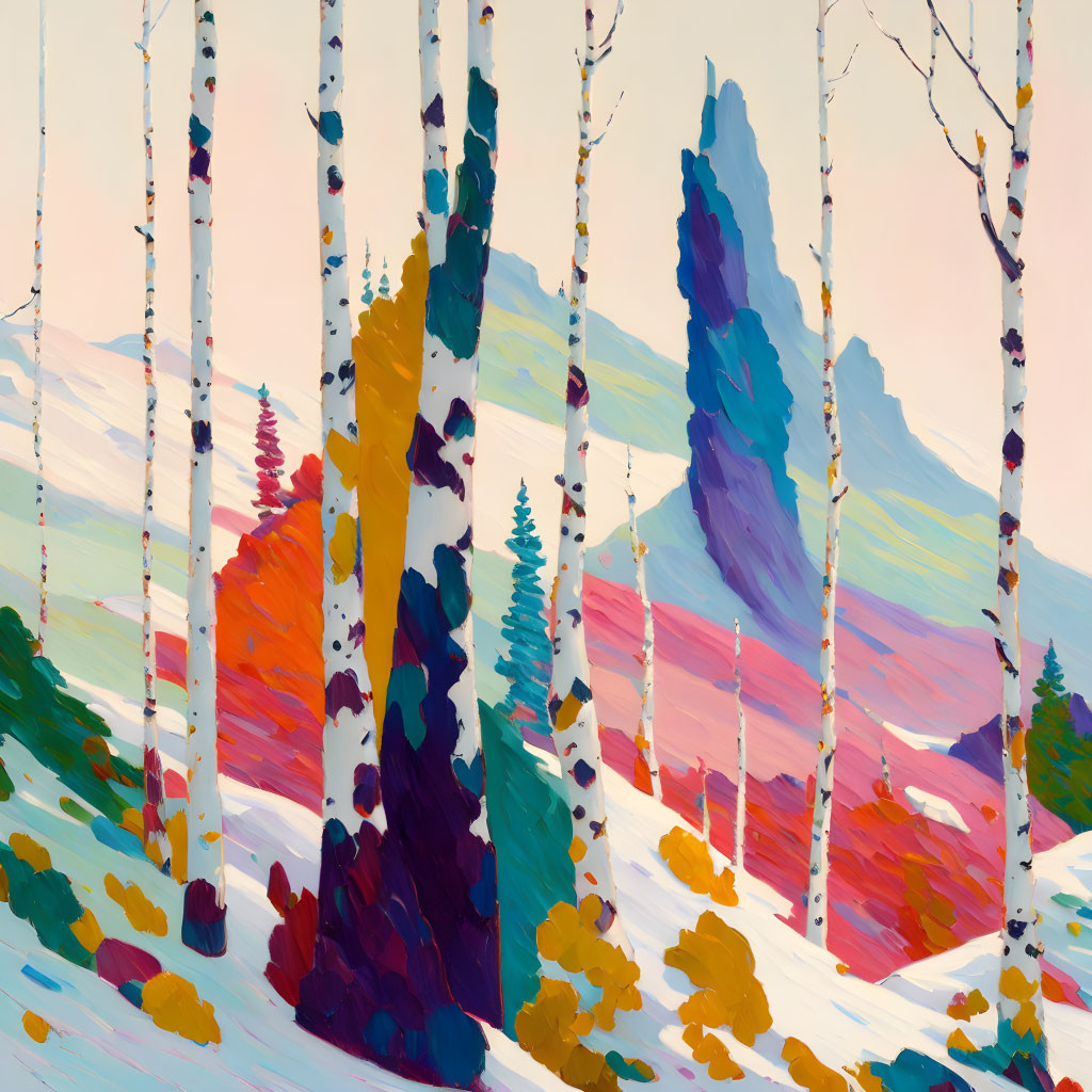 Snow-covered landscape with birch trees and abstract mountains.