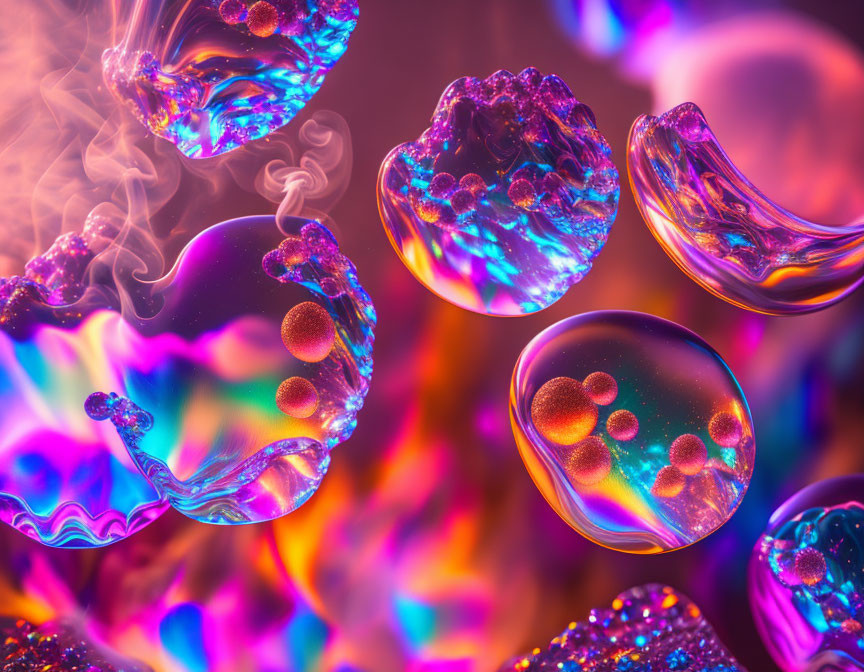 Colorful iridescent bubbles and swirling smoke on luminous backdrop.