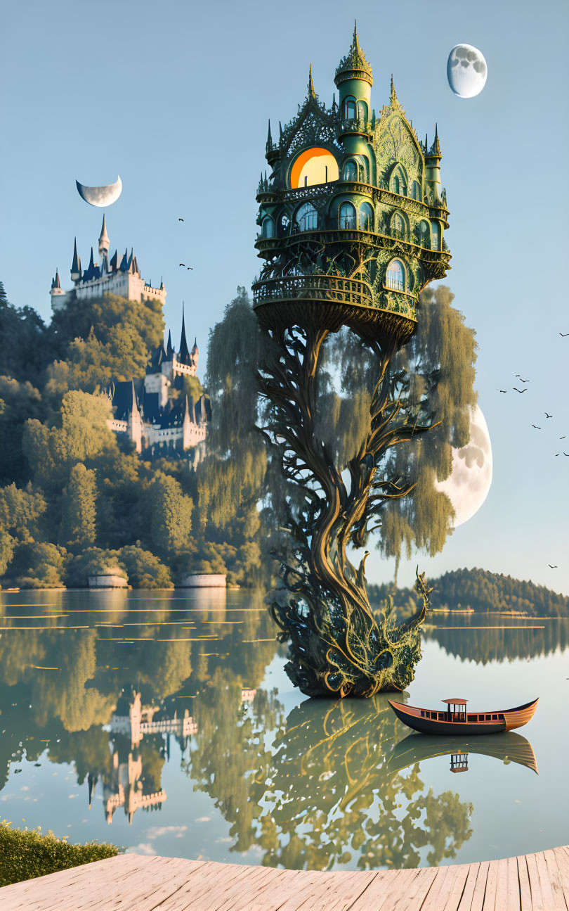 Fantastical treehouse castle above serene lake with birds and moons.