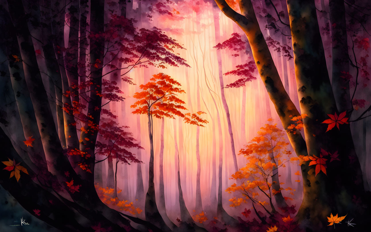 Tranquil forest scene with vibrant autumn leaves and sunlight filtering through mist