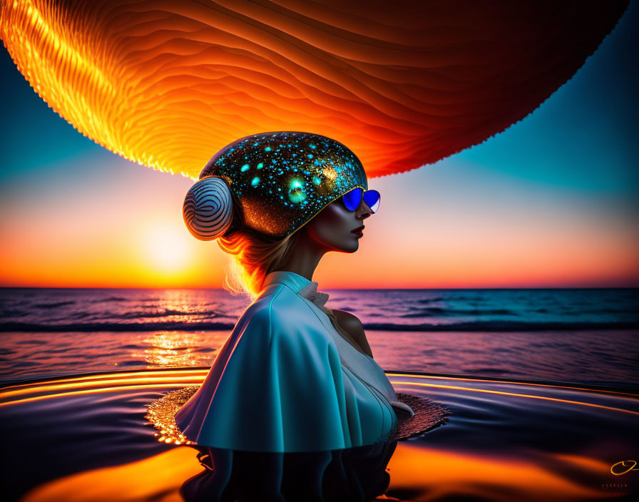 Portrait of person in ornate helmet and sunglasses against vibrant sunset with surreal ripples.