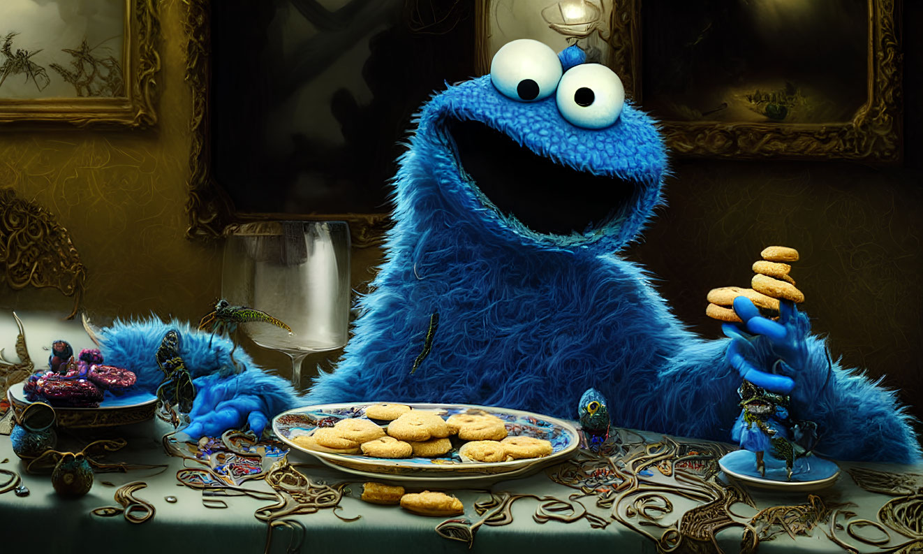 Blue Cookie Monster Surrounded by Cookies and Small Monsters