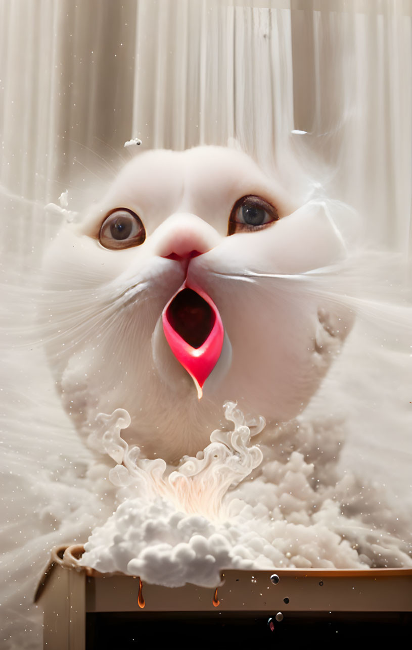 White Cat with Blue Eyes Catching Milk Stream Illustration