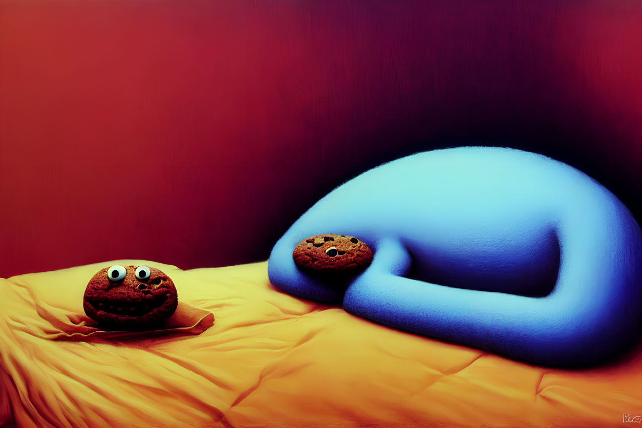 Surreal artwork: Blue figure sleeps on orange bed with cookie characters