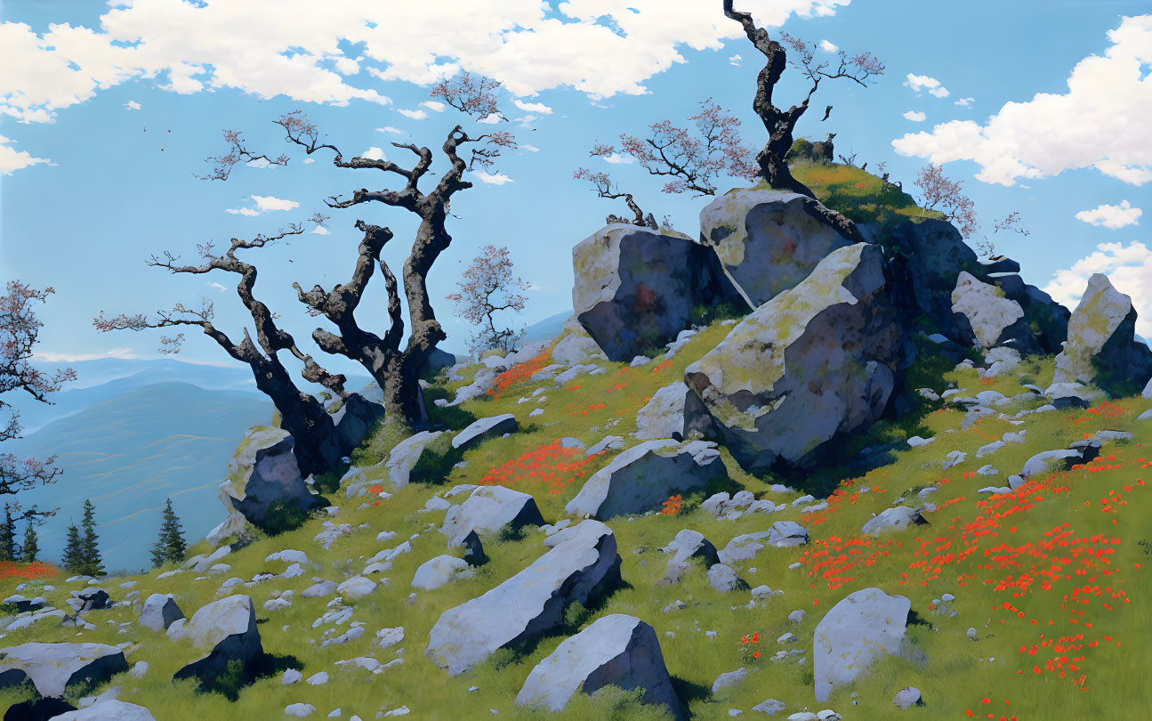 Tranquil landscape with gnarled trees, boulders, red flowers, grassy hill